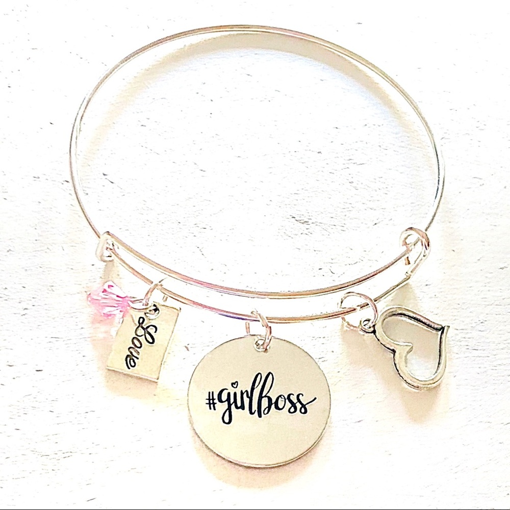 Personalized Girl Boss Silver Bangle Bracelet Gift